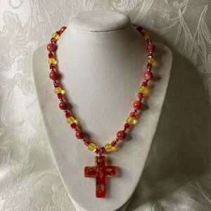 Handcrafted Red Murano Glass Cross Necklace w/Red Quartz and Citrine